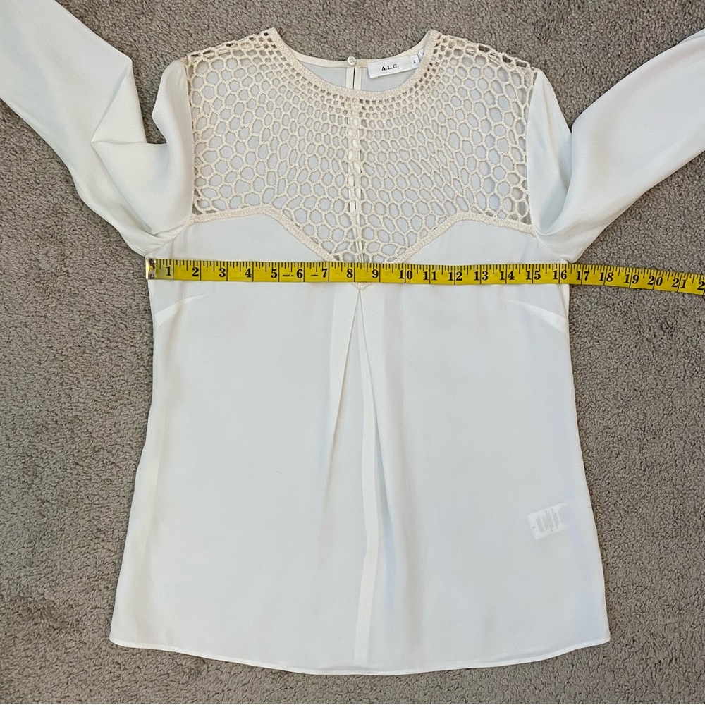 A.L.C. Sian Long Sleeve‎ Crepe Blouse Silk Honeycomb Crochet Net Ivory 2 - Picture 7 of 8